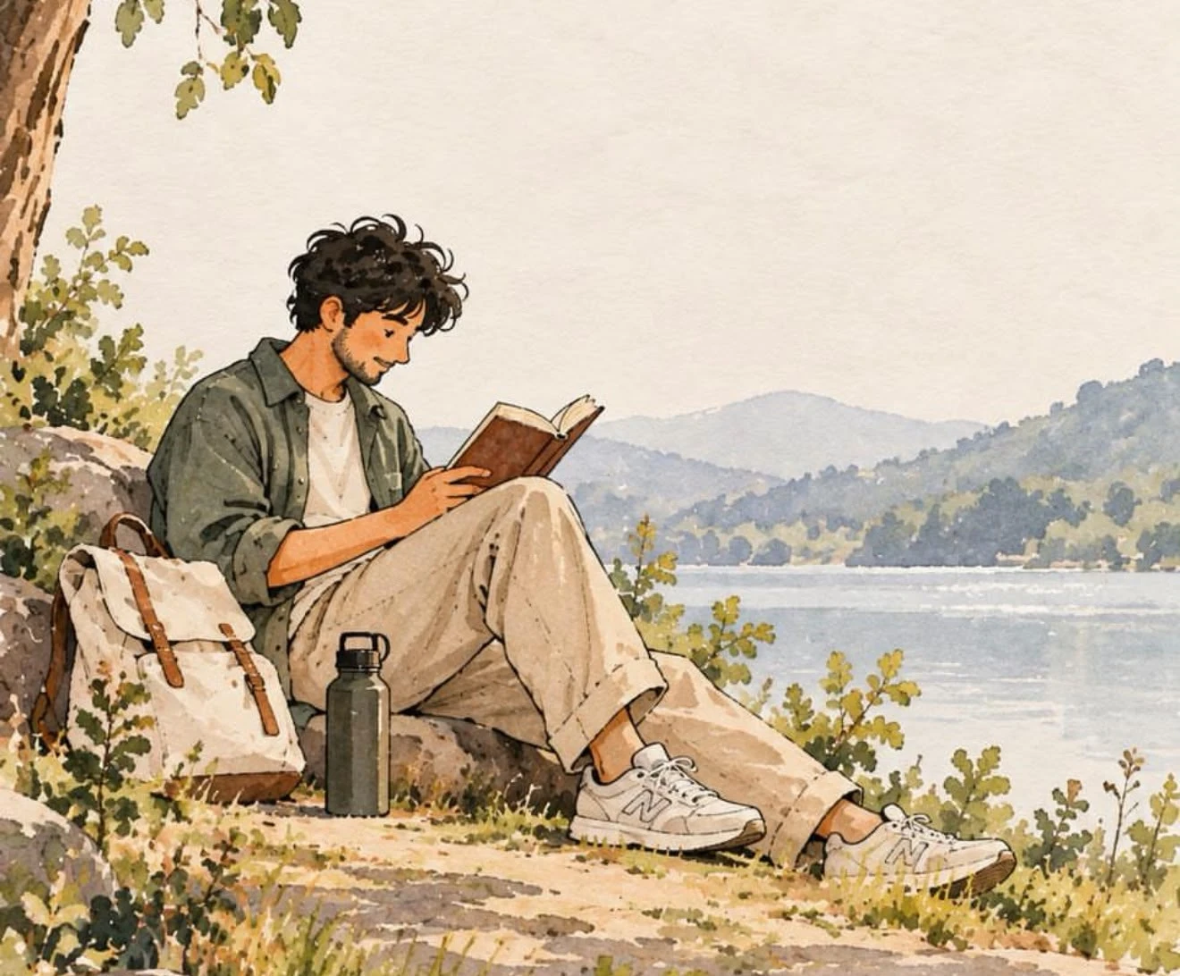 Illustrated author portrait representing Rahul Akula reading outdoors